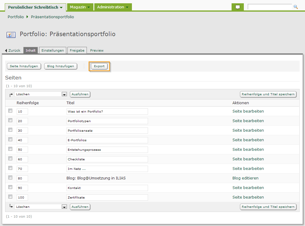 Screenshot: E-Portfolio Sicherung durch Export der Artefakte-Sammlung
