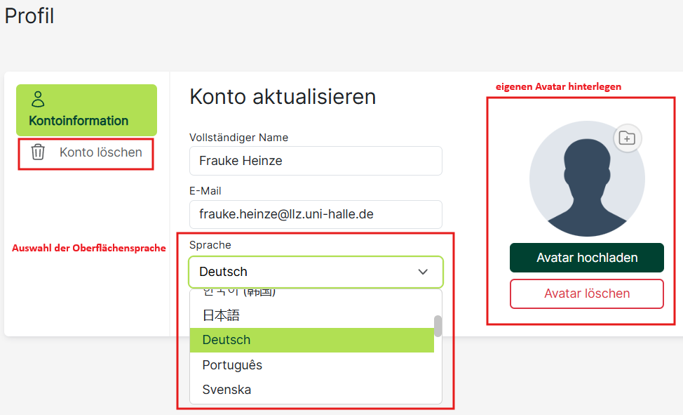 Einstellungsmöglichkeiten im Profil