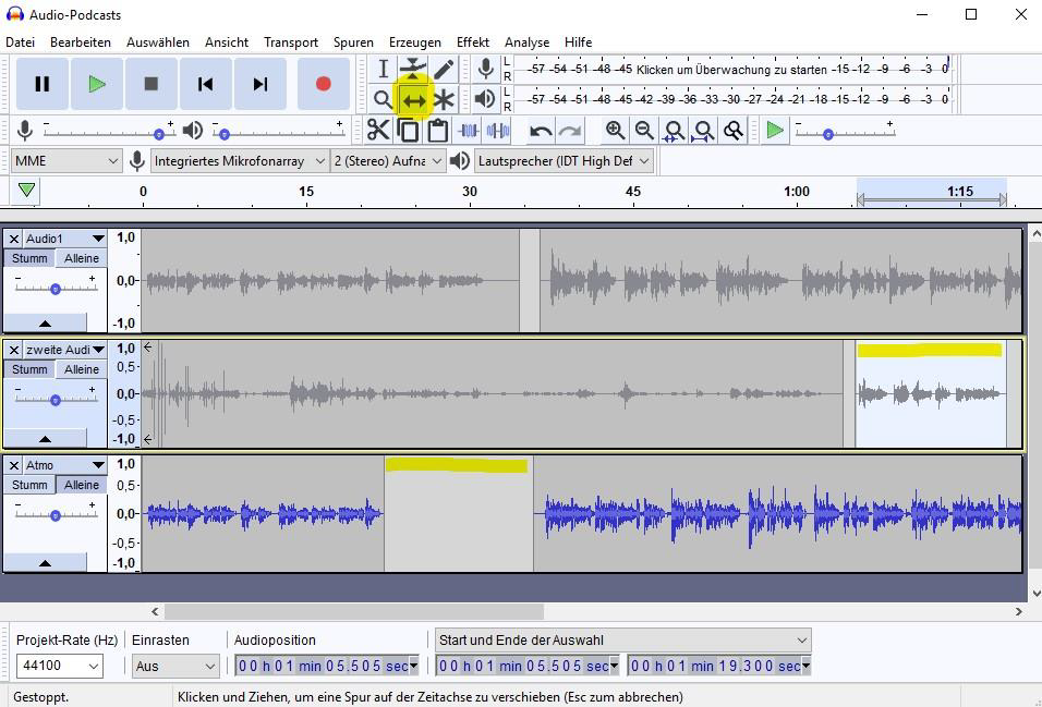 Abbildung 14b: Audio per Verschiebewerkzeug aus einer Tonspur kopiert und per Maus in eine andere verschoben