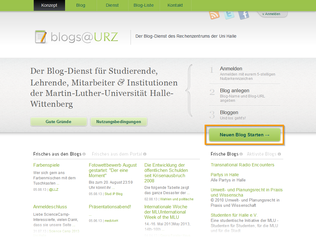 Rufen Sie die Seite blogs@urz auf und klicken Sie auf "Neuen Blog starten".