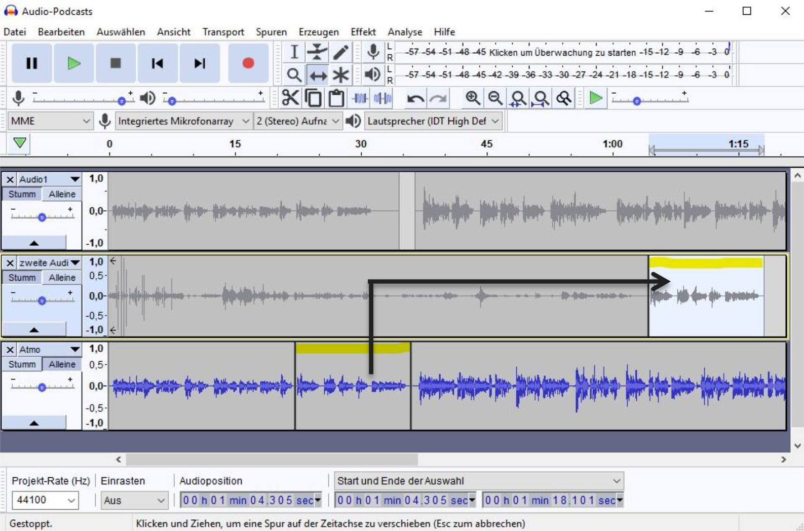 Datei:Audacity Abbildung 14a Audioausschnitt bzw. –clip aus einer Tonspur kopiert und per Shortcut in eine andere platziert..png