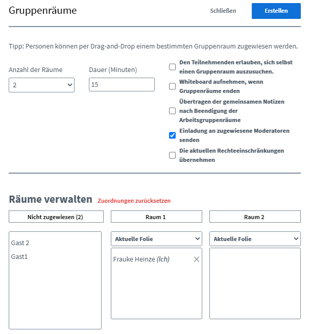 Verwaltung/Einstellungsoptionen der Gruppenräume
