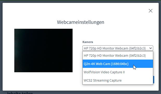 Webcameinstellungen. Auswahl der "Q2n-4K Web Cam"