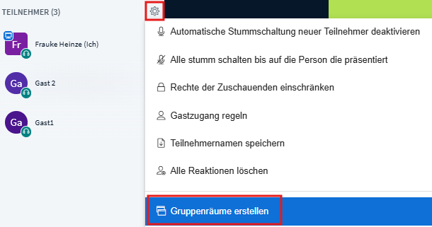 Gruppenräume werden über die Einstellungen der Teilnehmerliste erstellt