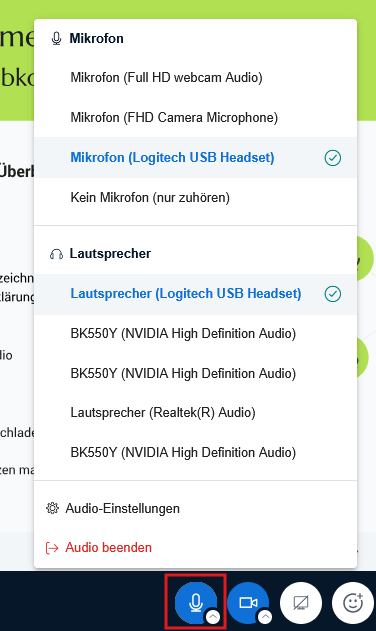 Über den Mikrofon-Button kann schnell die passende Audio-Quelle bzw. der Audio-Ausgang (Lautsprecher) angepasst werden.
