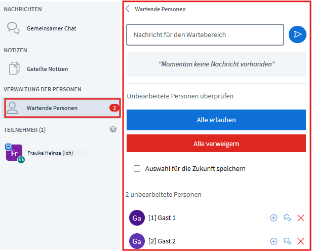 Optionen um Wartenden den Zugang zum Raum zu gewähren bzw. mit ihnen zu kommunizieren