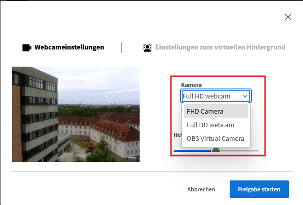 Auswahl angeschlossener Kameras. Sie können auch mehr als ein Kamerabild in der Konferenz anzeigen lassen.