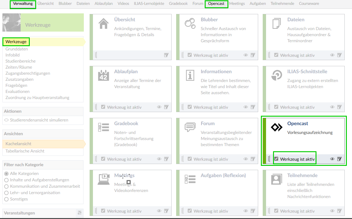 Aktivieren von Opencast in der Stud.IP-Veranstaltung