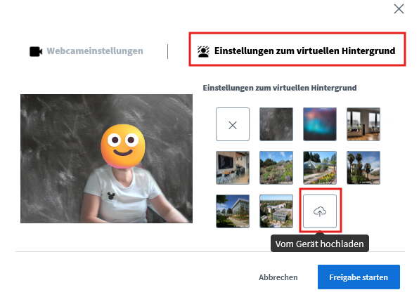 Es kann ein eigener Kamerahintergrund hochgeladen werden