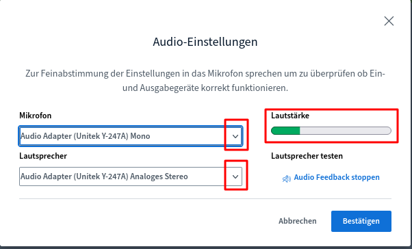 Audio-Einstellungen mit Volumen-Pegel-Anzeige. Die Auswahl des Mikros bzw. Lautsprechers erfolgt über ein Dropdown.