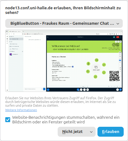 Abfrage des Browsers ob Bildschirmfreigabe erlaubt werden soll.