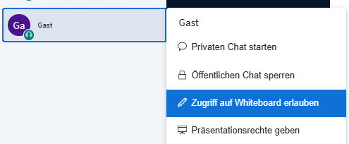 Vergabe der Whiteboard-Rechte an einen einzelnen Nutzer über die Teilnehmerliste
