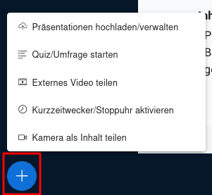 Aktions-Button am linken unteren Rand der Präsentationsfläche mit den enstprechenden Funktionen.