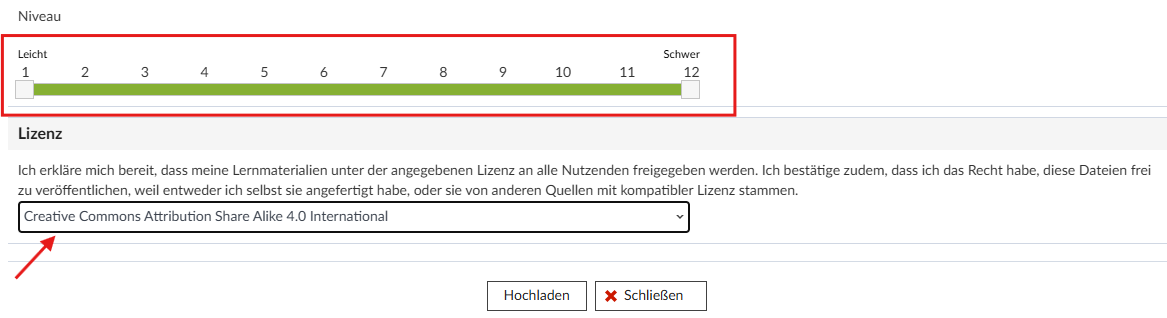Schwierigkeitsniveau-Skala und CC-Lizenzauswahl