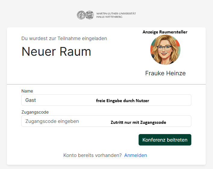 Nutzeransicht bei Aufruf Einladunglink, Aktivierung Zugangscode