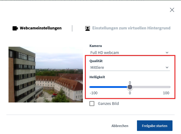 Anpassen der Helligkeit und der Qualitätsstufe